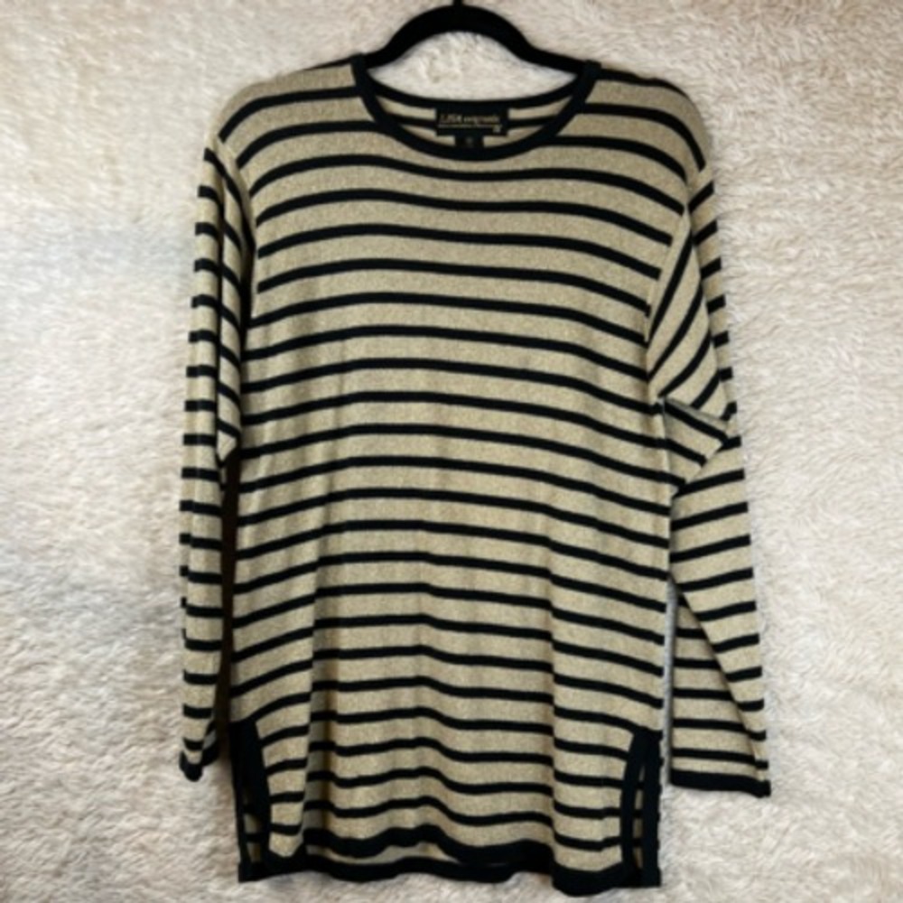 Lisa Womens Pullover Sweater Black Gray Stripe‎ Long Sleeve Scoop Neck Slit S